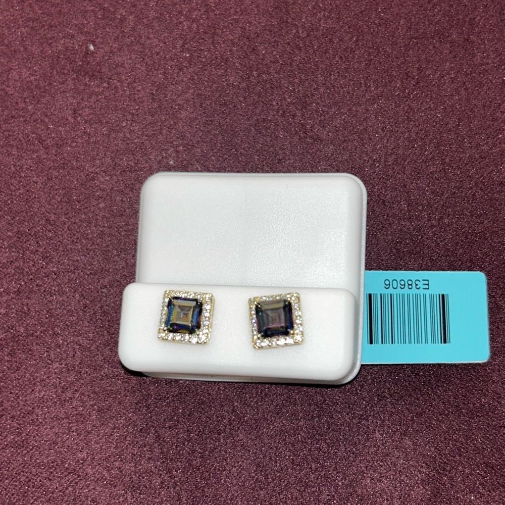 Square Halo Stud Earrings with Dark Iridescent Mystic Topaz center stones